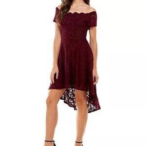 City Studio Burgundy Lace off the Shoulder Dress.